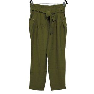 H&M Paper Bag Pants Womens Size 10 Green High Rise Waist Belt Pleated Front NWT